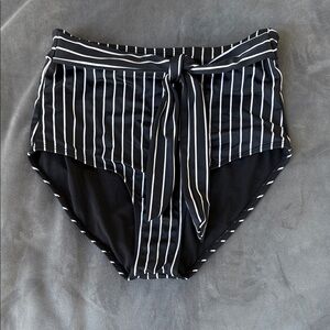 Striped High-Waisted Swim Bottoms - Black and White